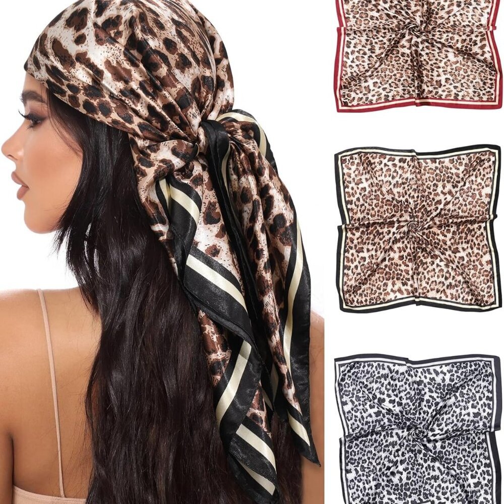 35” Large Square Satin Head Scarf - 3Pcs Satin Hair Scarves Silk Bandana Scarf H